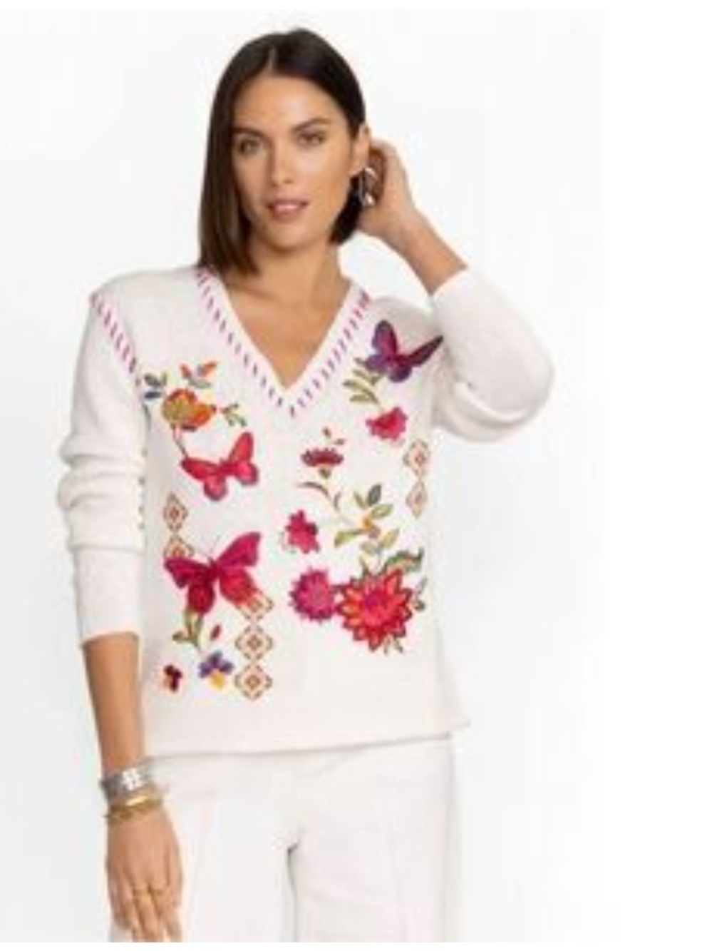 White V-Neck Sweater with Pink & Magenta Floral and Butterfly Embroidery